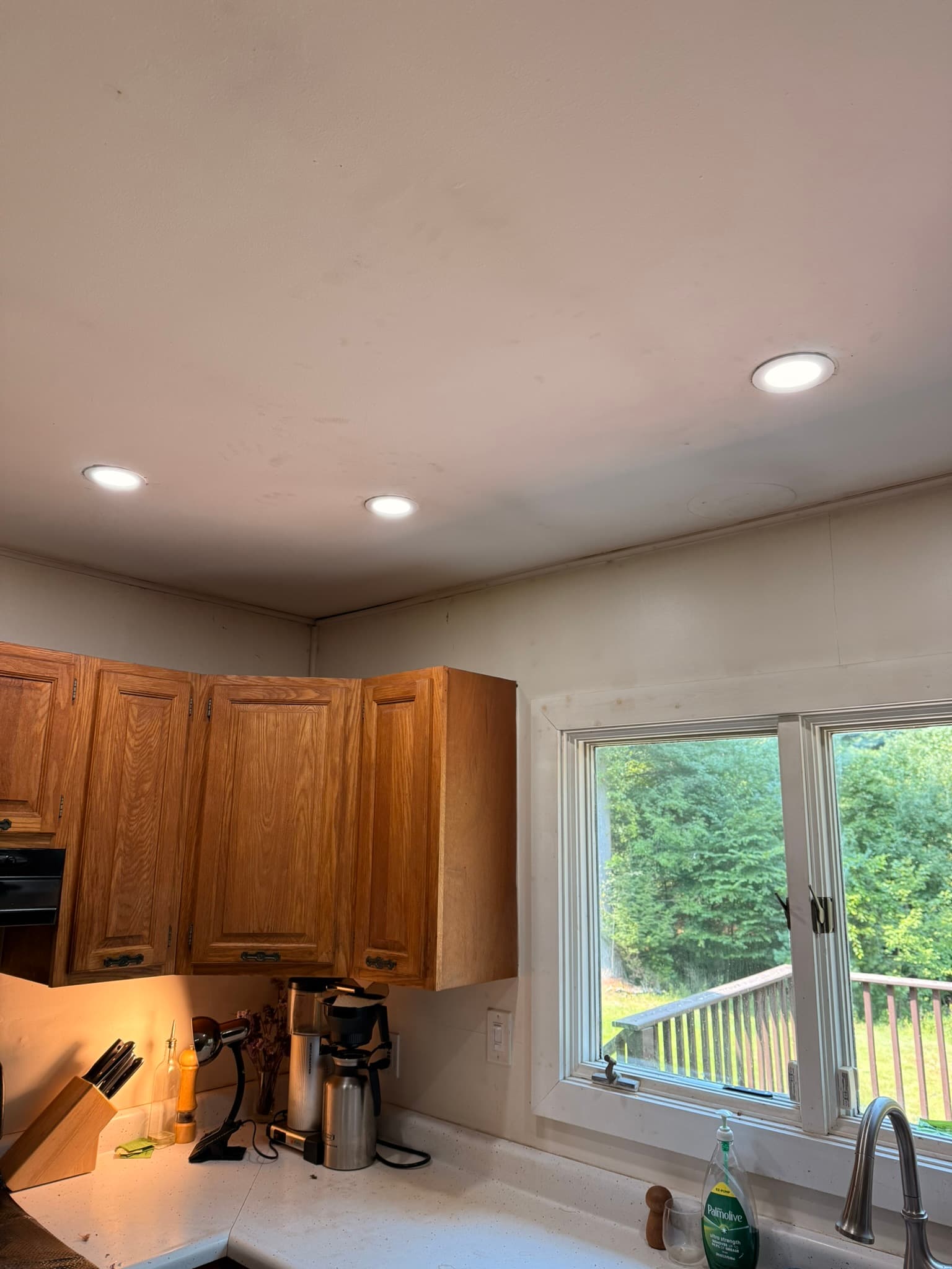 Replaced them with new 4" canless LED lights. They look much cleaner and give off better, more efficient light. We also replaced two switches with dimmers for better control of these lights.